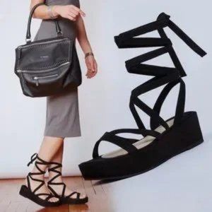 NWOB Womens Klik Black Strappy Suede Ankle Tie Platform Sandals 6.5 *